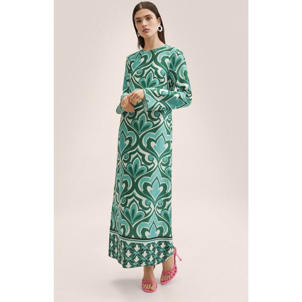 Mango Green Geometric Print Long Sleeve Maxi Dress Size S, 4 US New 0868